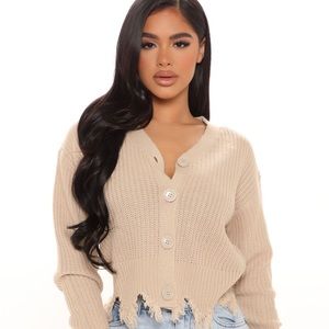 V neck, buttons front, distressed, 100% acrylic rib knit cardigan.